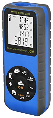 The Whole Acre Laser Measure - Compact and Accurate Distance Meter with 196 Feet Range - Indoor Outdoor Digital Tool Kit with Pythagorean Mode for Measuring Length Height Area Volume - For Pro or DIY