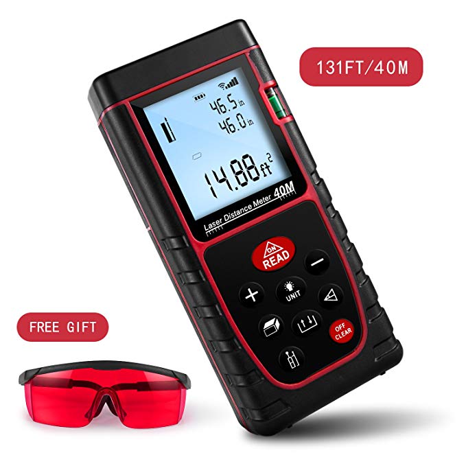 Laser Distance Measure, Warmhoming 131FT/40M Laser Distance Meter with 2 Bubble Levels, Backlit LCD and Pythagorean Mode, Digital Measuring Tool for Distance, Area, Volume Capacity Calculation